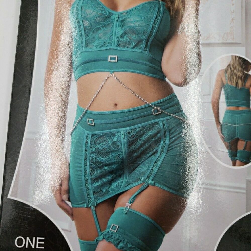 G World 3pc Bustier with Garter Skirt Pearl Chain Turquoise Teal Womens Lingerie